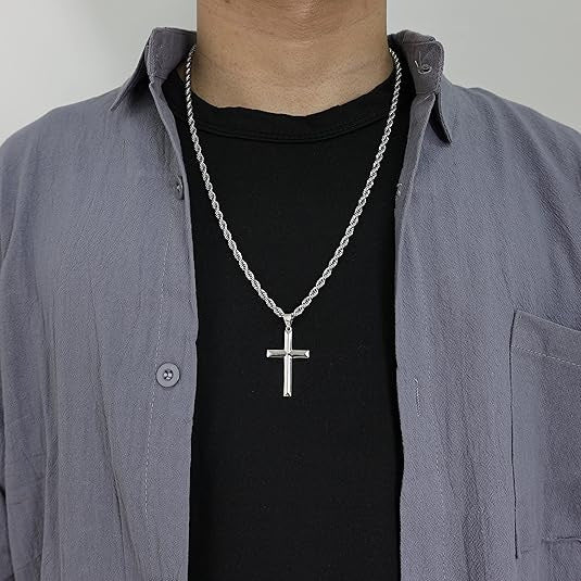 【30%OFF】【Αγοράστε 1 και πάρτε 1 δωρεάν】🌈🌈Ασημένιο κολιέ 925 με μακρύ σταυρό και πανκ, κολιέ χιπ χοπ