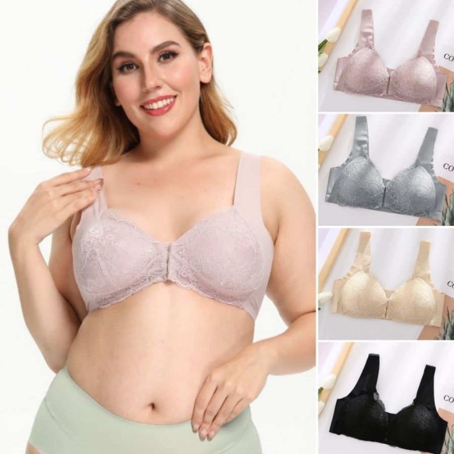 【31€】1 σετ 4 τεμαχίων σε 4 χρώματα【40-11kg】Σουτιέν Plus Size με κλείσιμο μπροστά και δαντέλα χωρίς μπανέλες
