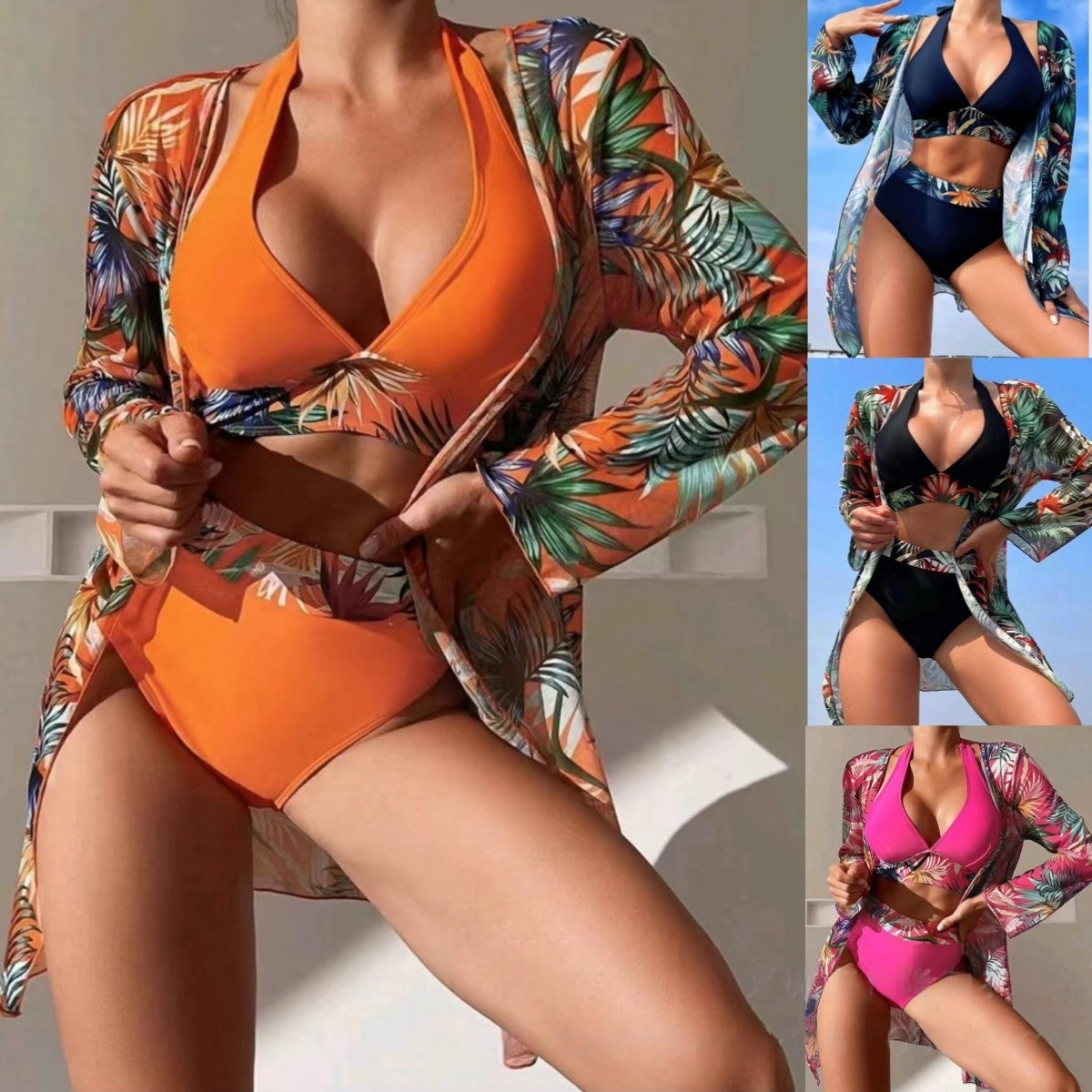 Γυναικεία μαγιό μπικίνι Cover Up Normal Swimwear Floral 3 τεμαχίων