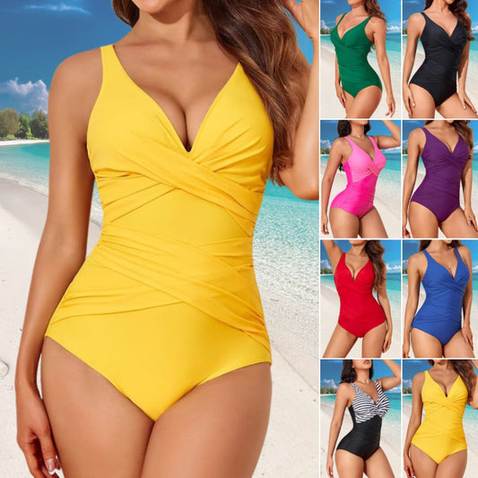 🔥🩱🌴【S-2XL】Καλοκαιρινό, Γυναικείο Μονόχρωμο, Άνετο Ολόσωμο Μαγιό 2025, Γρήγορο Στέγνωμα με V λαιμόκοψη