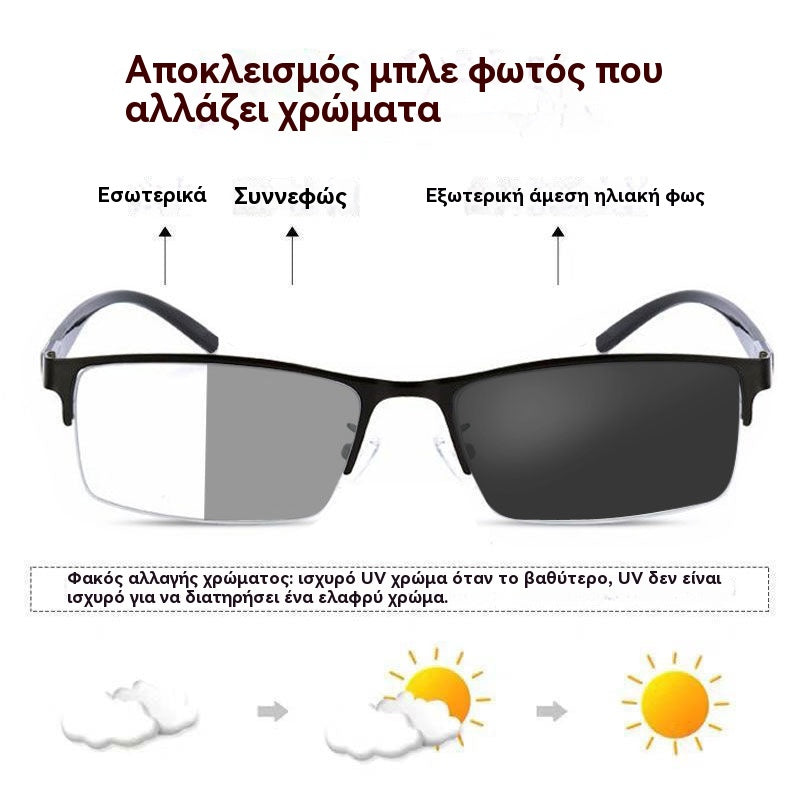 👓✨🕶️🔥🔥Μεταλλικά φωτοχρωμικά γυαλιά ηλίου μισού πλαισίου, γυαλιά μυωπίας κατά του μπλε φωτός, γυαλιά ηλίου οδήγησης