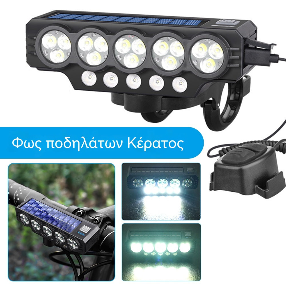 🚨💡 Ηλιακός προβολέας ποδηλάτου με φόρτιση USB και ηχείο, ιδανικός για μεγάλες νυχτερινές βόλτες.