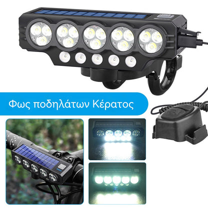 🚨💡 Ηλιακός προβολέας ποδηλάτου με φόρτιση USB και ηχείο, ιδανικός για μεγάλες νυχτερινές βόλτες.