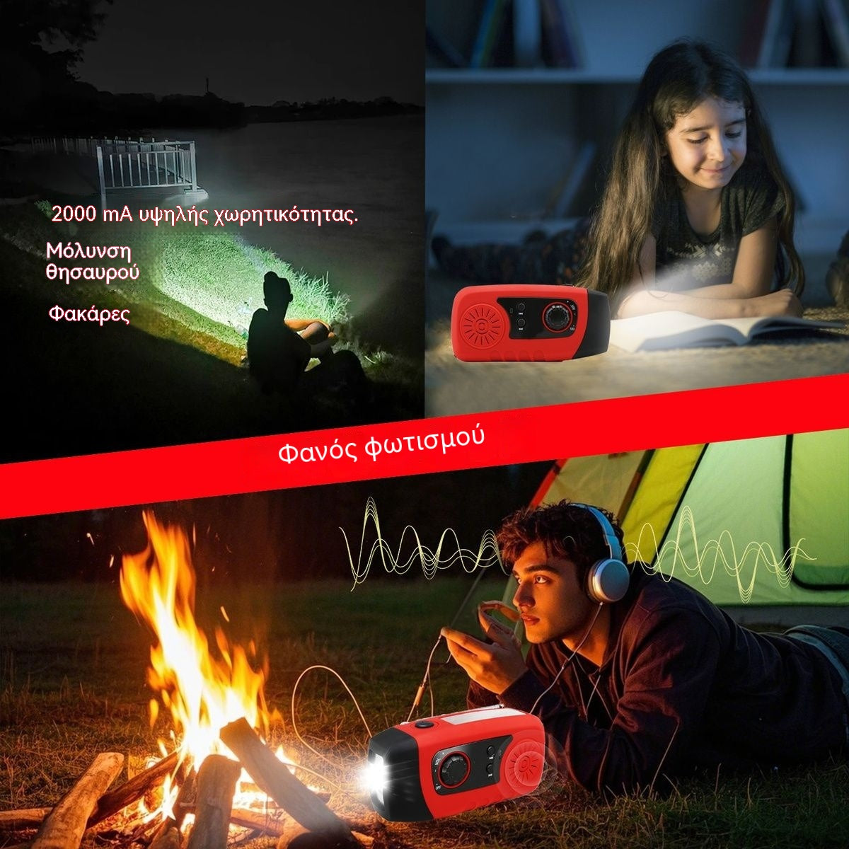 👍🏕️Πολυλειτουργικό ραδιόφωνο έκτακτης ανάγκης, ηλιακό ραδιόφωνο χειρός, επαναφορτιζόμενος φακός έκτακτης ανάγκης για εξωτερικούς χώρους