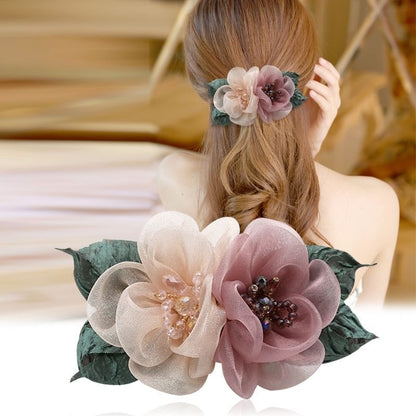 【Αγοράστε ένα, πάρτε ένα δωρεάν】🎀🌸Κομψό ελαστικό φιόγκο μαλλιών με κορδέλα από δίχτυ για γυναίκες με χάντρες λουλουδιών