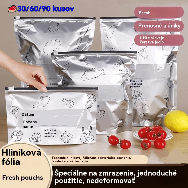 Vrecko z hliníkovej fólie potravinárskej kvality so zipsom na zachovanie čerstvosti, vhodné do domácej chladničky