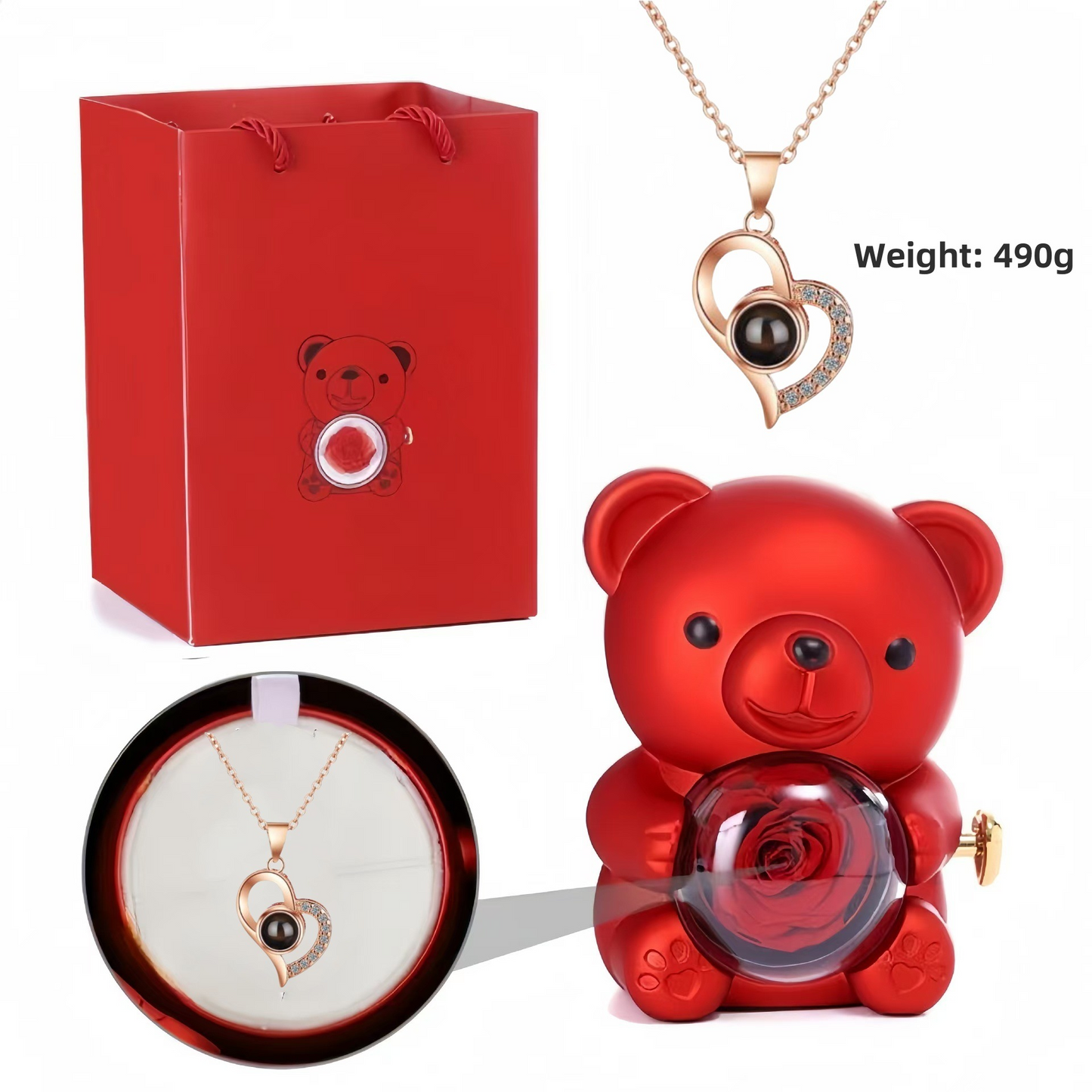 ✨Κολιέ σε σχήμα καρδιάς, δώρο για την Ημέρα του Αγίου Βαλεντίνου + αξιολάτρευτο αρκουδάκι με τριαντάφυλλα σε κονσέρβα -