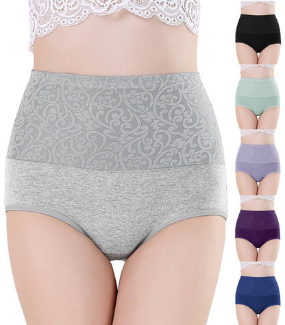 (6 τεμάχια) 🌺[L-4XL] Ψηλόμεσο βαμβακερό σλιπ με στάμπα