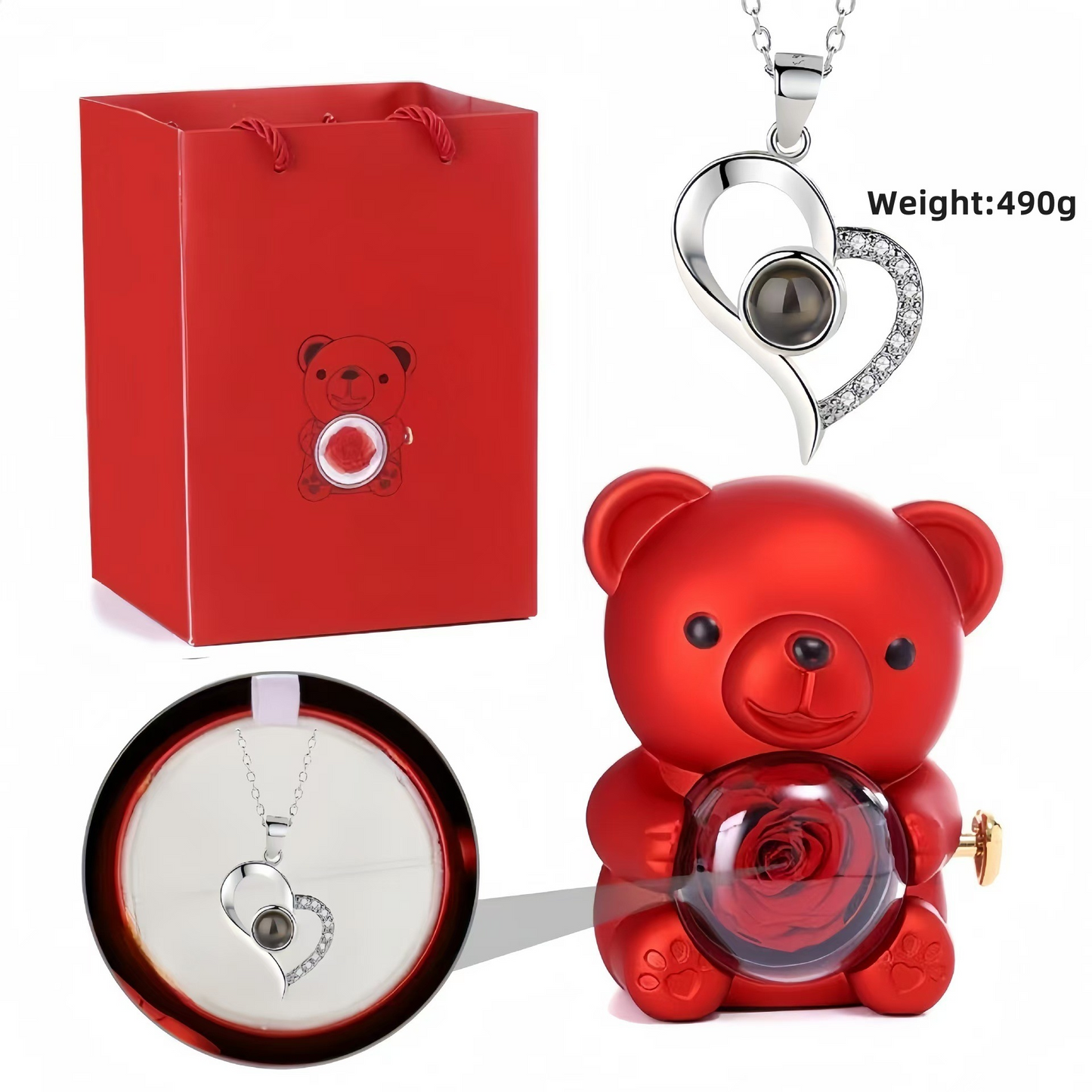 ✨Κολιέ σε σχήμα καρδιάς, δώρο για την Ημέρα του Αγίου Βαλεντίνου + αξιολάτρευτο αρκουδάκι με τριαντάφυλλα σε κονσέρβα -