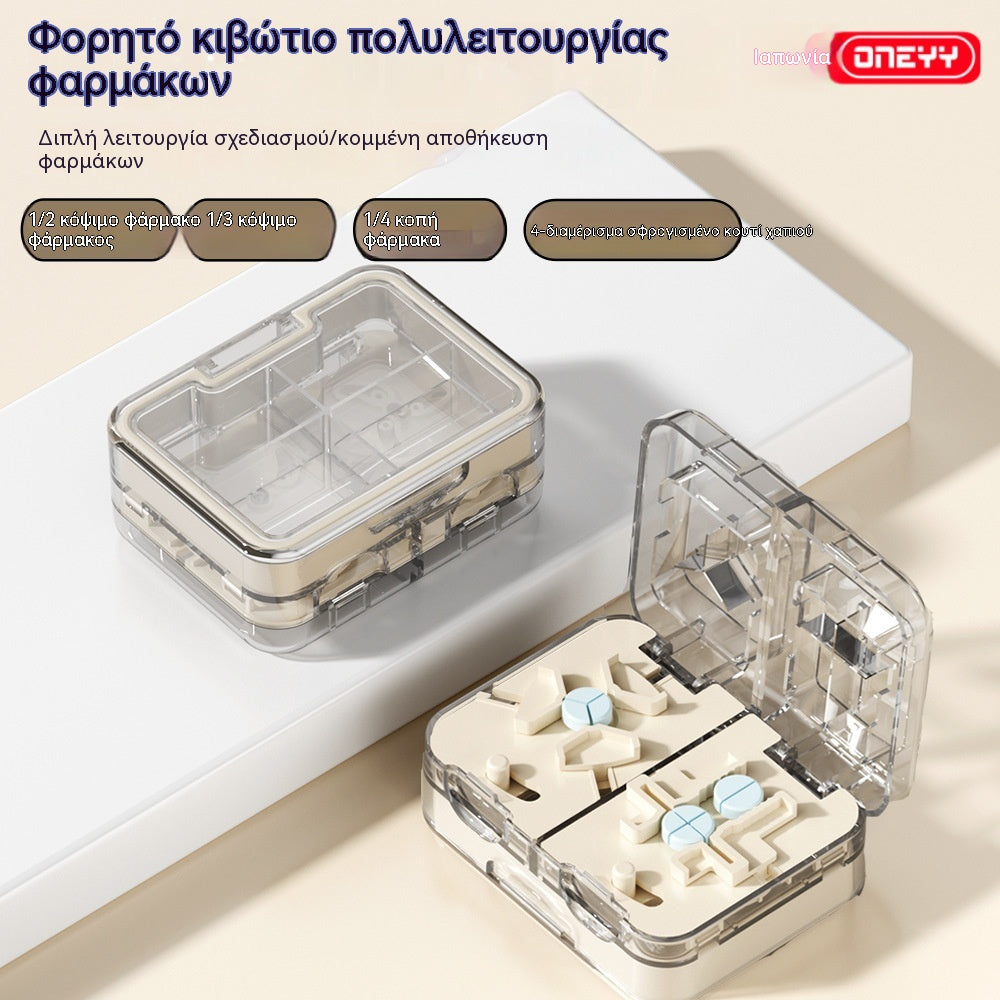 👍👍【Κόψτε τα χάπια σε 2, 3 ή 4 κομμάτια + ένα κουτί χαπιών με τέσσερα διαμερίσματα】Πολυλειτουργικός κόπτης χαπιών. Διαχωριστικό χαπιών/ταμπλετών. Φορητή θήκη χαπιών με διπλή σφράγιση.