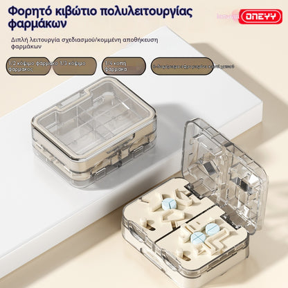 👍👍【Κόψτε τα χάπια σε 2, 3 ή 4 κομμάτια + ένα κουτί χαπιών με τέσσερα διαμερίσματα】Πολυλειτουργικός κόπτης χαπιών. Διαχωριστικό χαπιών/ταμπλετών. Φορητή θήκη χαπιών με διπλή σφράγιση.