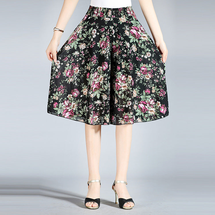 🎁【45-80kg】Νέο καλοκαίρι ελαστική μέση culotte φλοράλ ψηλόμεσο παντελόνι παντελόνι πόδι παντελόνι πλευρές