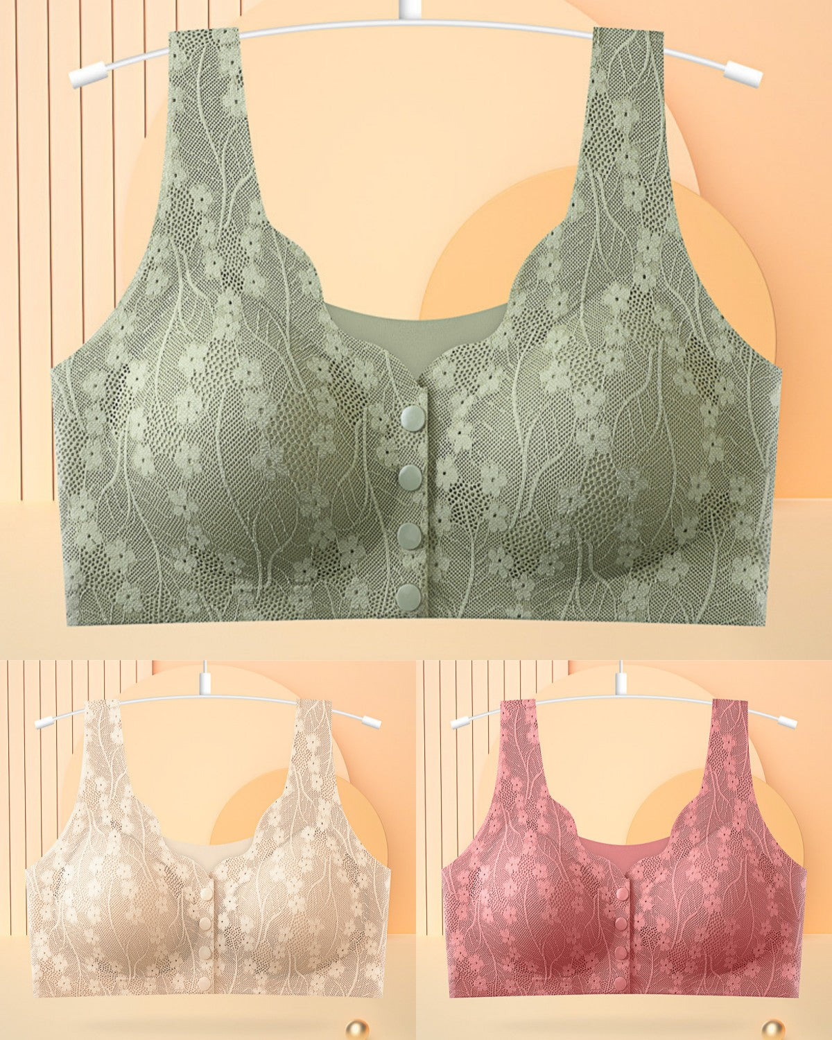 😍👙【3 τεμάχια】【40-100KG】Γυναικείο σουτιέν με δαντέλα χωρίς λάστιχο και κλείσιμο μπροστά