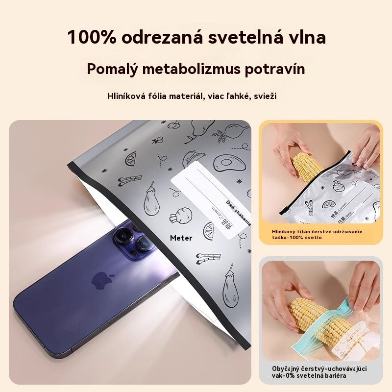 Vrecko z hliníkovej fólie potravinárskej kvality so zipsom na zachovanie čerstvosti, vhodné do domácej chladničky