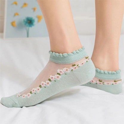 🔥10 ζευγάρια αναπνεύσιμες λεπτές δαντελένιες κάλτσες με φλοράλ τύπωμα.