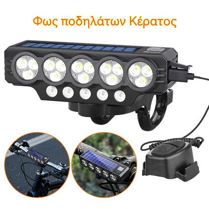 🚨💡 Ηλιακός προβολέας ποδηλάτου με φόρτιση USB και ηχείο, ιδανικός για μεγάλες νυχτερινές βόλτες.